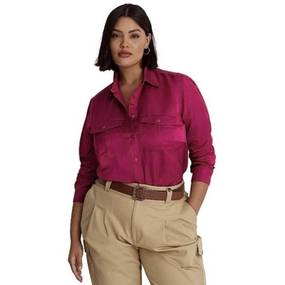 Ralph Lauren Plus Size Satin Long Sleeve Buttoned Top Fuchsia Pink 2X NWT - Picture 1 of 8